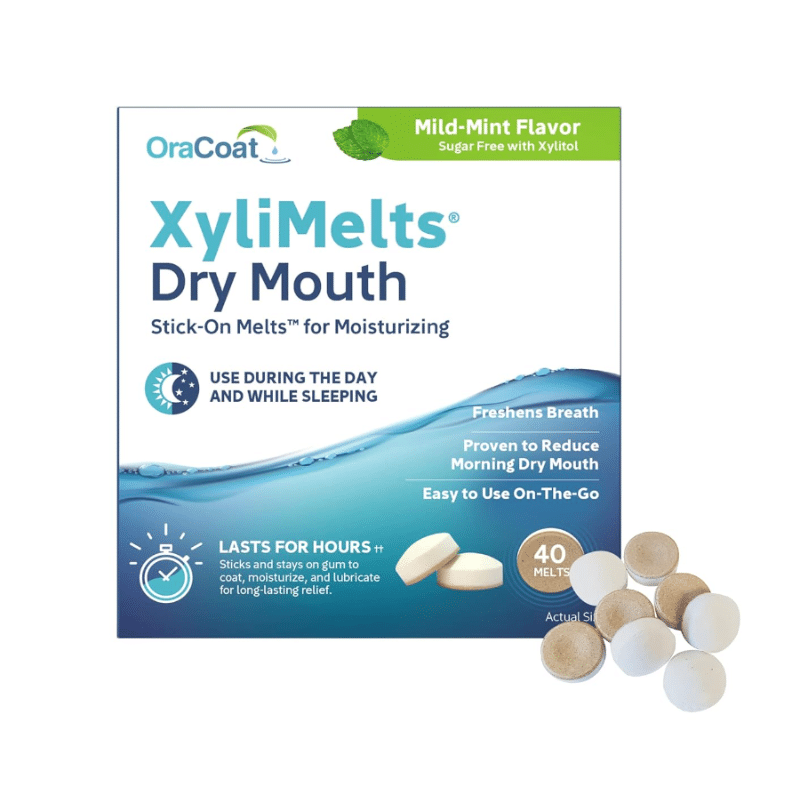 Oracoat xylimelts dry mouth relief moisturizing oral adhering discs mild mint with xylitol, for dry mouth, stimulates saliva, non-acidic, day and night use, time release for up to 8 hours, 40 count Dry mouth stick on melts for use when you sleep