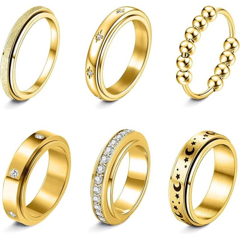 James-river-family-dentistry-product-fidget-rings-for-anxiety-6pcs-stainless-steel-spinner-ring-anti-anxiety-ring-spinning-moon-star-cool-stress Fidget rings for anxiety 6pcs stainless steel spinner ring anti anxiety ring spinning moon star cool stress relieveing cz rings for women men band rings set